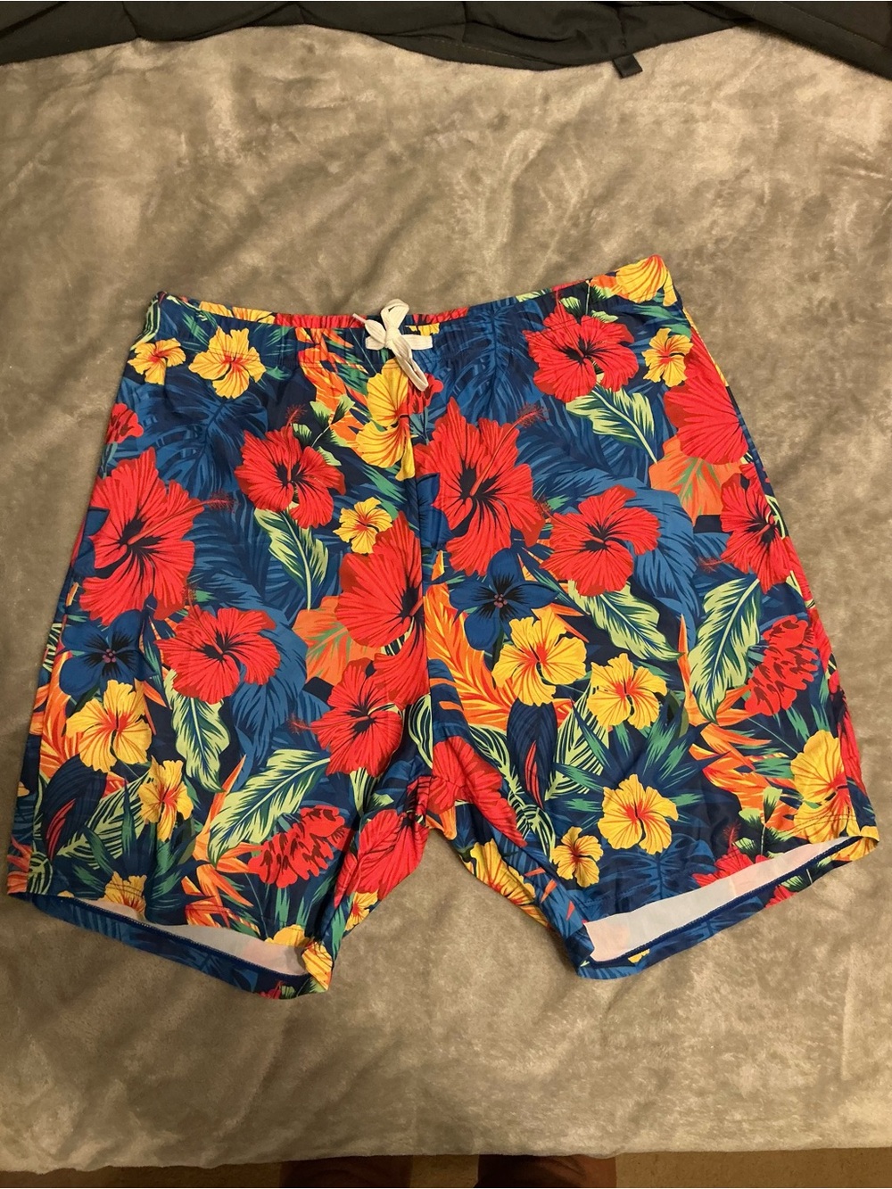 PatPat Blue Tropical Swim Trunks with Red & Yellow Floral Print